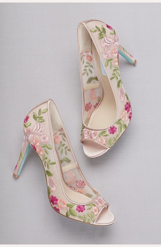 Floral-Embroidered Mesh Peep-Toe Heels | David's Bridal