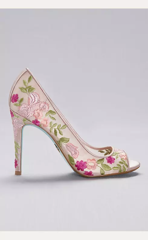 Floral-Embroidered Mesh Peep-Toe Heels  Image 3