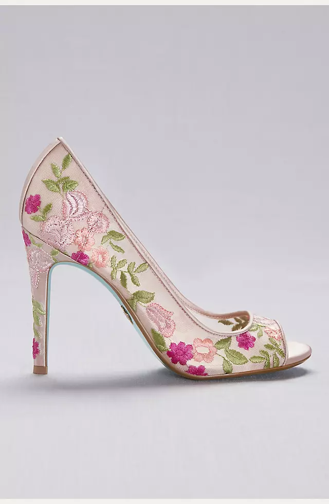 Floral-Embroidered Mesh Peep-Toe Heels  Image 3