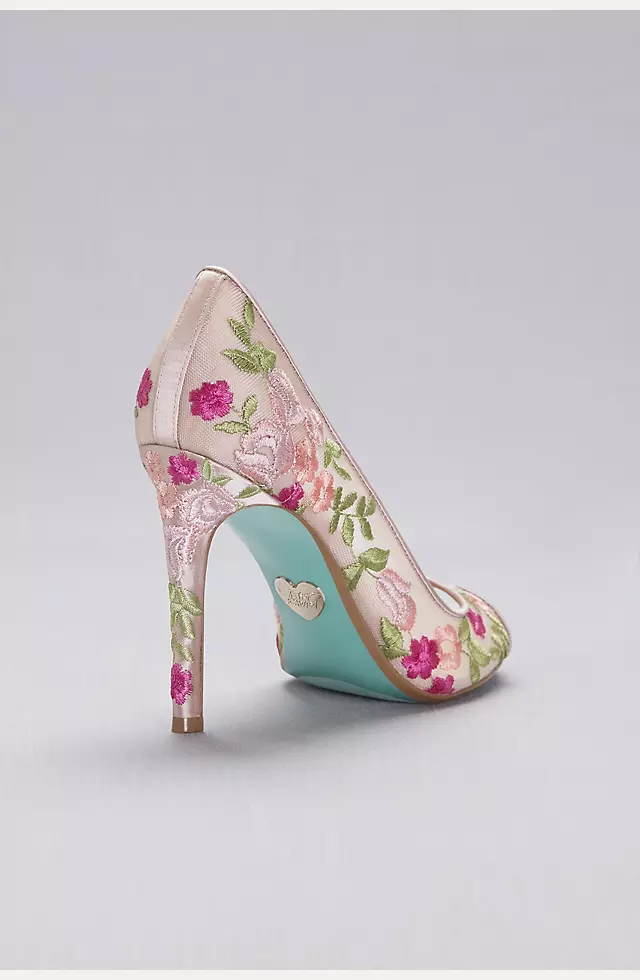 Floral-Embroidered Mesh Peep-Toe Heels  Image 2