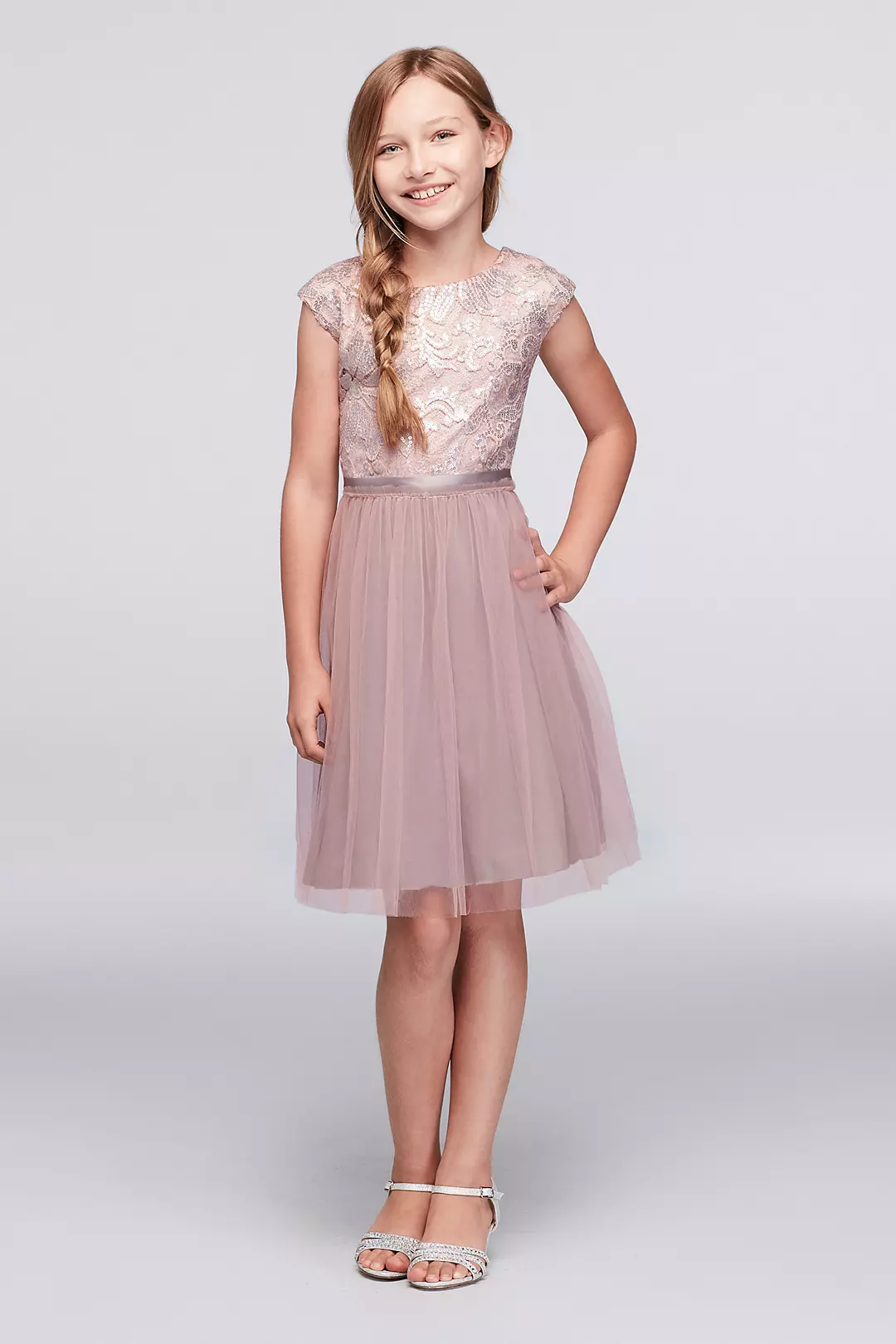 Sequined Lace Cap Sleeve Dress with Tulle Skirt Image