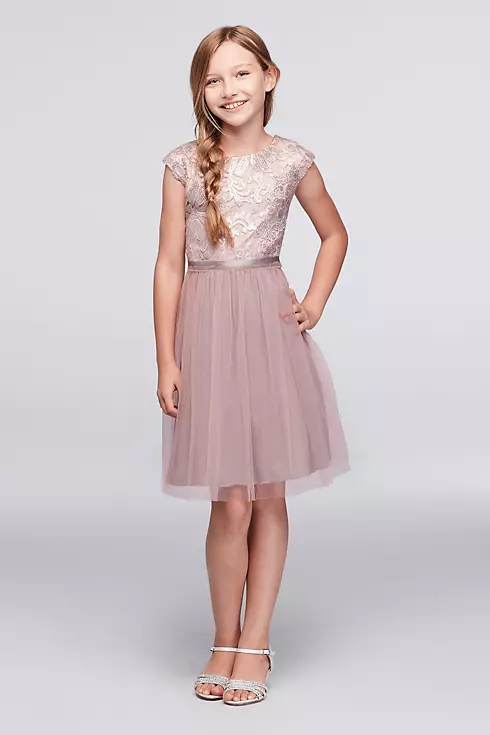 Sequined Lace Cap Sleeve Dress with Tulle Skirt Image 1