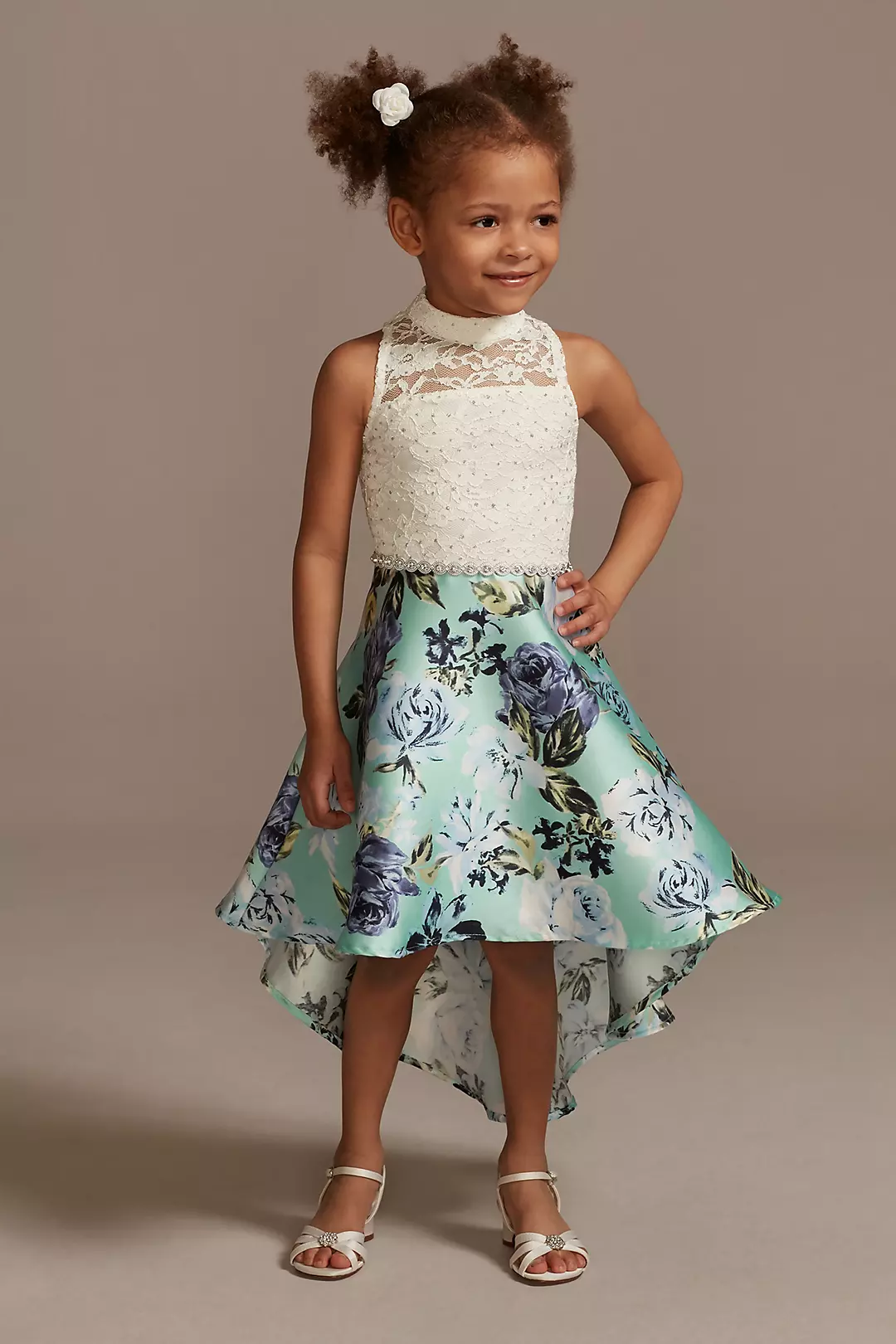Lace Mock Neck High-Low Printed Flower Girl Dress Image