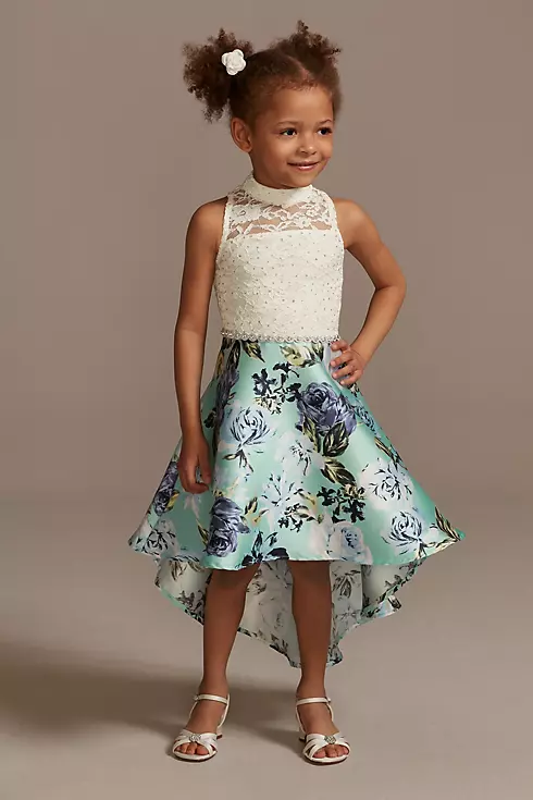 Lace Mock Neck High-Low Printed Flower Girl Dress Image 1