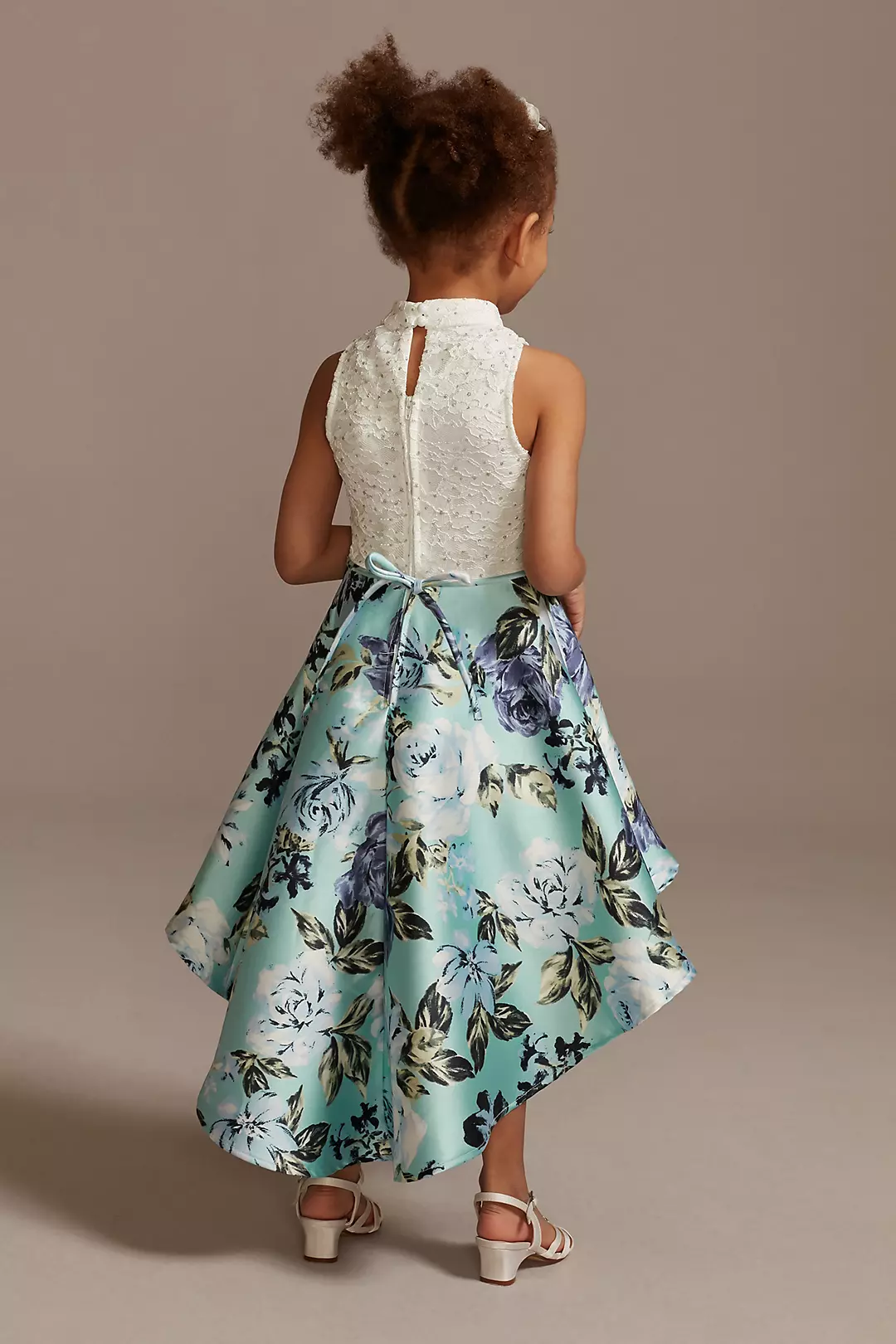 Lace Mock Neck High-Low Printed Flower Girl Dress Image 2