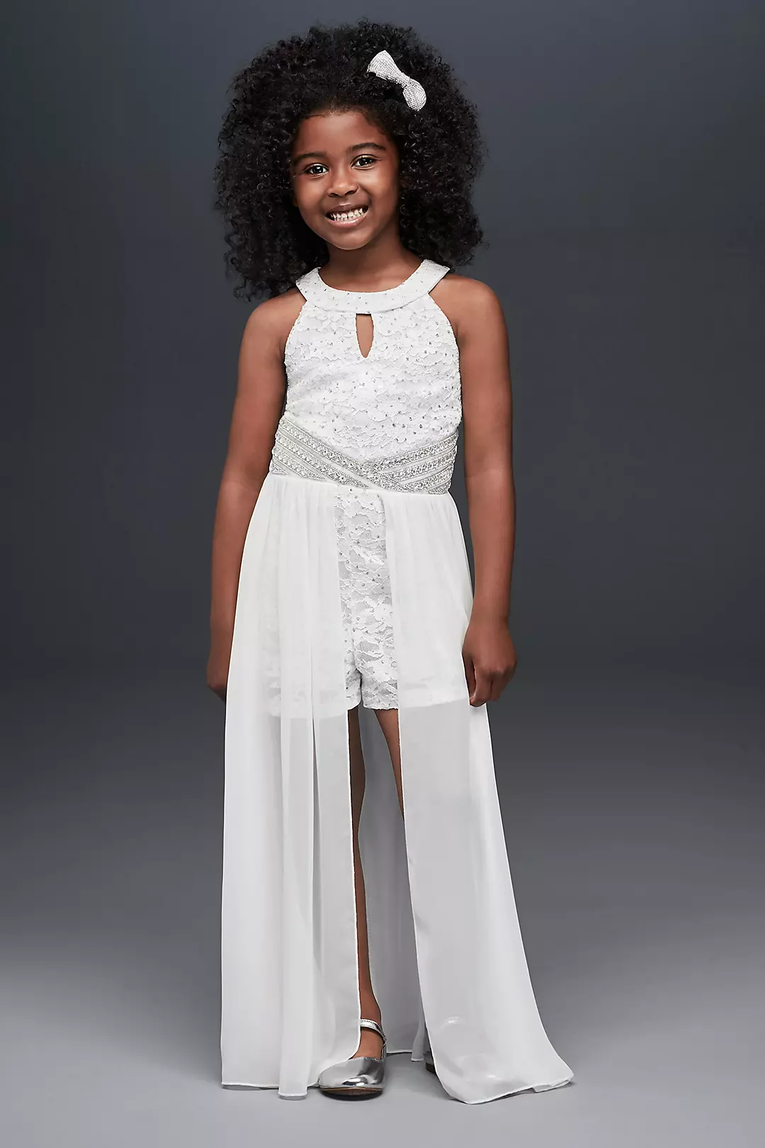 Lace Flower Girl Romper with Sheer Overskirt Image
