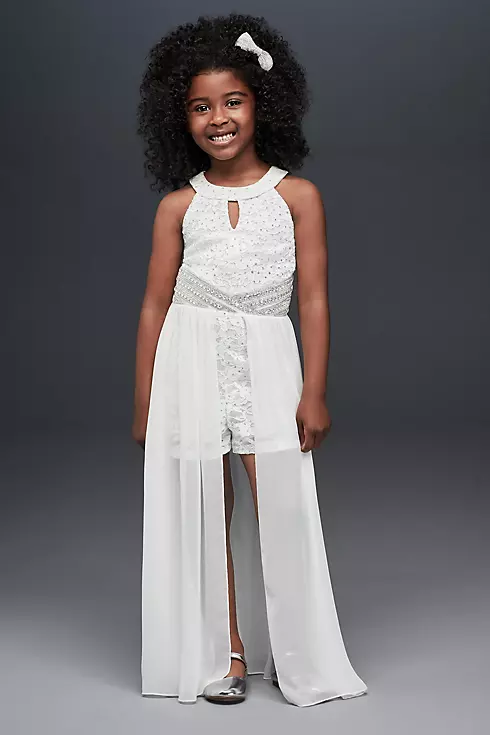 Lace Flower Girl Romper with Sheer Overskirt Image 1
