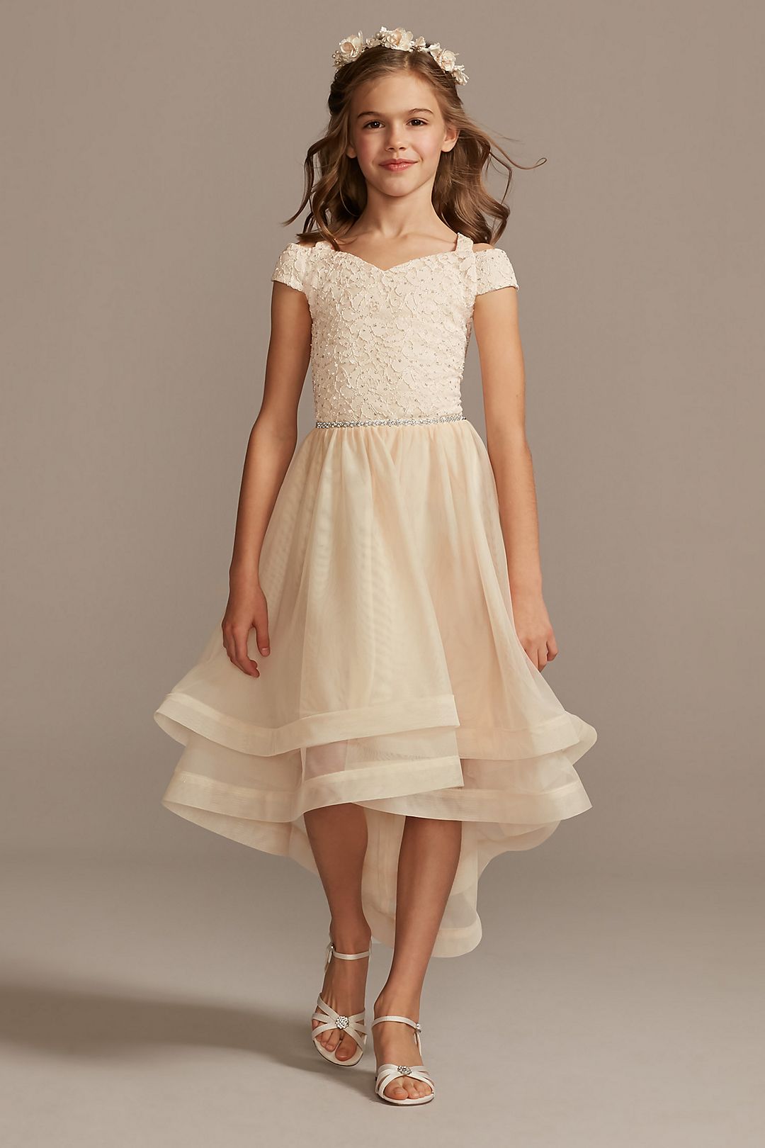 Off-the-Shoulder Lace and Tulle Flower Girl Dress Image 3