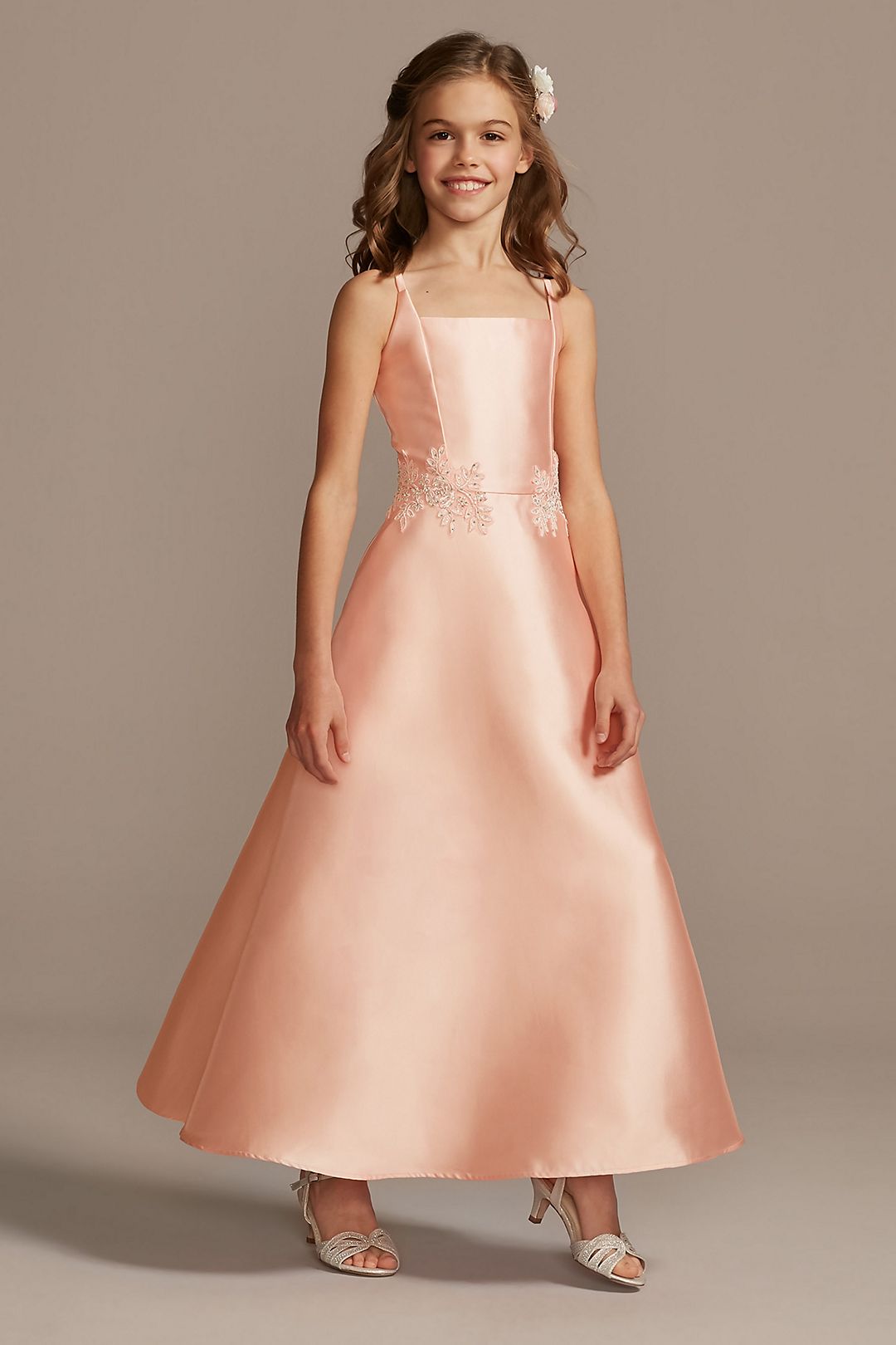Square Neck Embroidered Mikado Flower Girl Dress Image