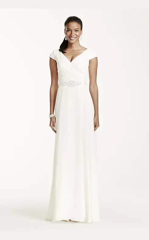Cap Sleeve Crepe A-Line Gown with Beaded Sash Image 1