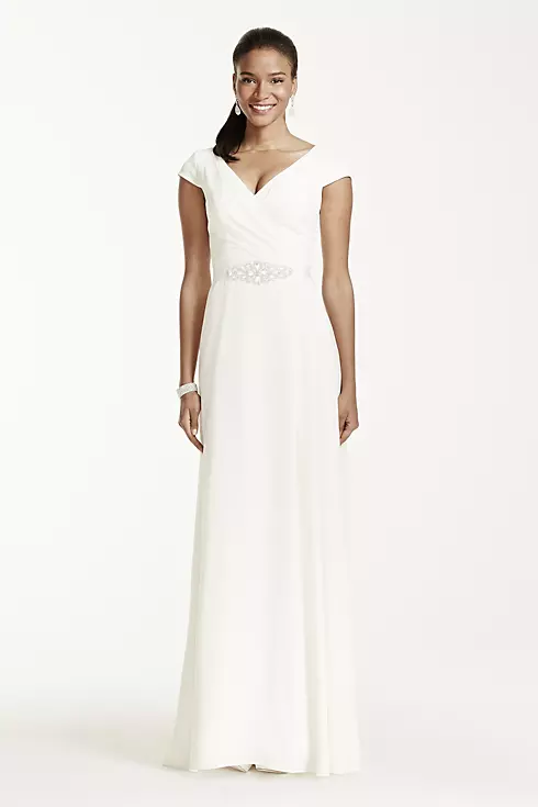 Cap Sleeve Crepe A-Line Gown with Beaded Sash Image 1