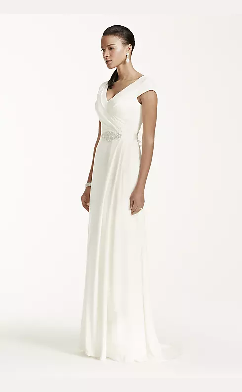 Cap Sleeve Crepe A-Line Gown with Beaded Sash Image 3