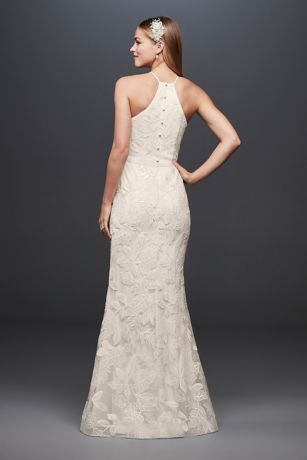 Sequin Leaf-Appliqued High Neck Sheath Gown | David's Bridal