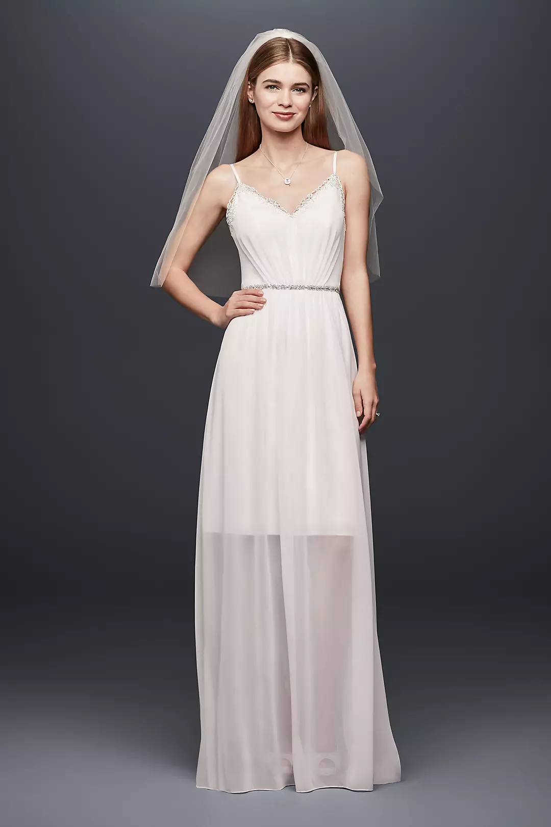 Pleated Chiffon Gown with Ribbon Straps and Lace Image
