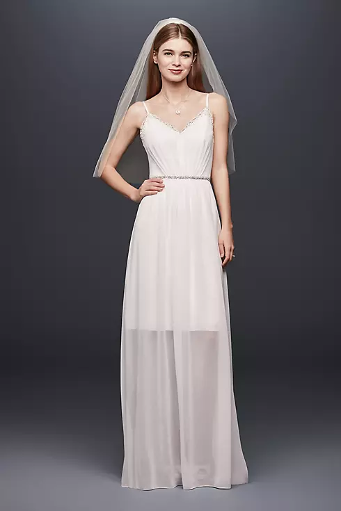 Pleated Chiffon Gown with Ribbon Straps and Lace Image 1