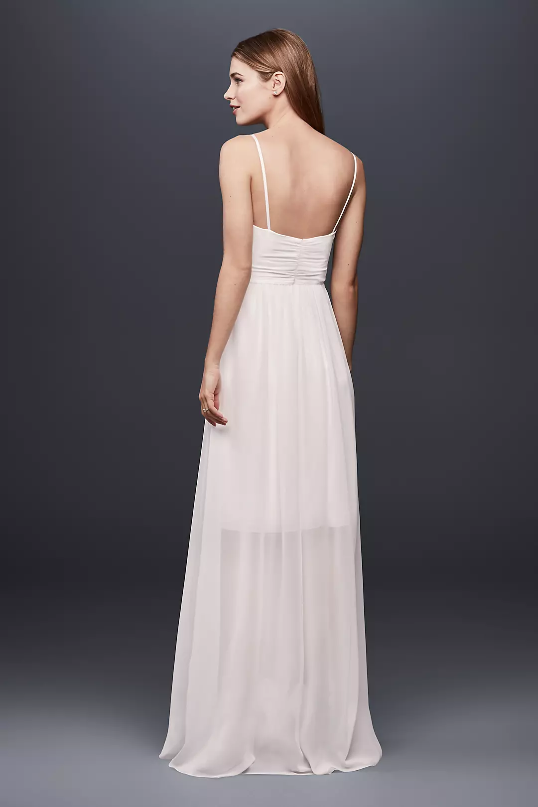 Pleated Chiffon Gown with Ribbon Straps and Lace Image 2