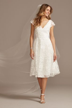 V-Neck Embroidered Lace Cap Sleeve A-Line Dress