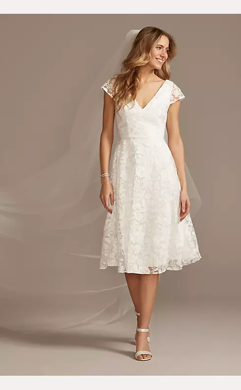 V-Neck Embroidered Lace Cap Sleeve A-Line Dress Image 1