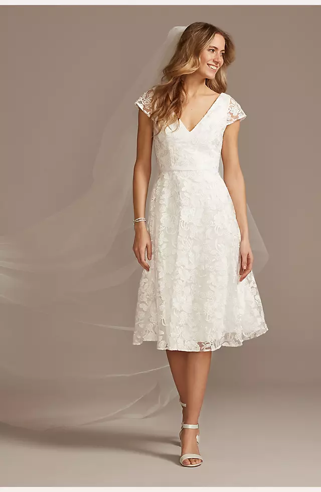 V-Neck Embroidered Lace Cap Sleeve A-Line Dress Image