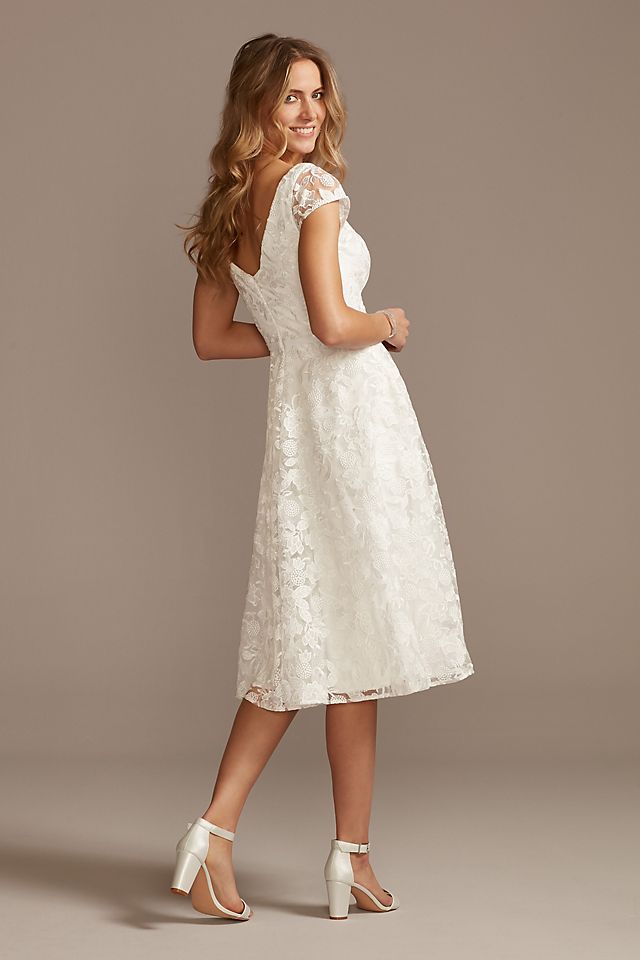V-Neck Embroidered Lace Cap Sleeve A-Line Dress Image 6
