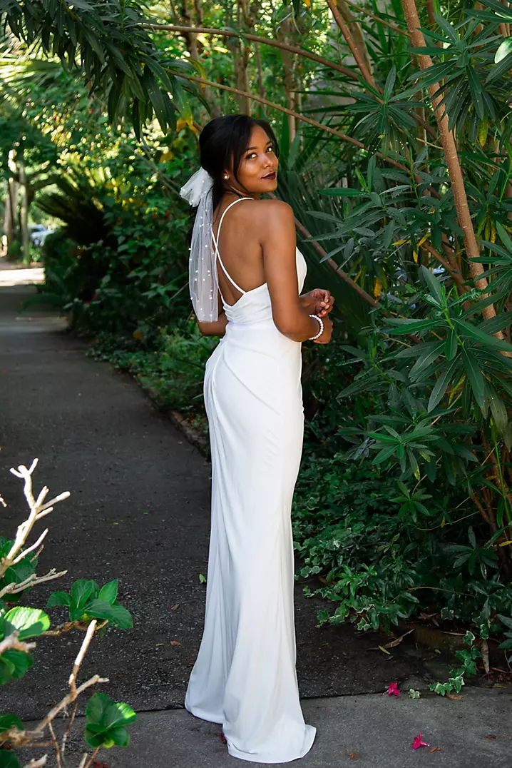 white spaghetti strap dress KissProm Diamond Straps Mermaid Wedding Dress, Diamond White / 2 The delicate spaghetti straps and gently fitted bodice create a flattering silhouette Boho Lace Spaghetti Straps White
