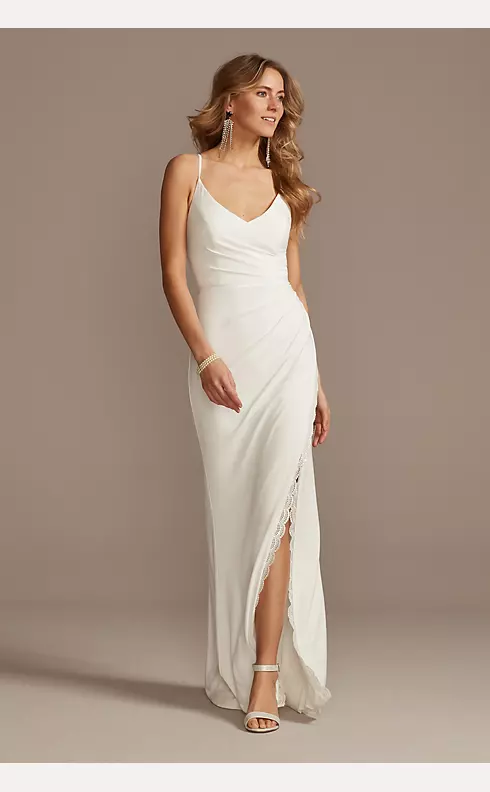 Ruched Spaghetti Strap Jersey Dress with Lace Slit