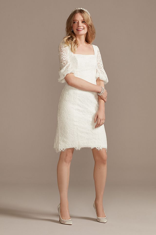 Lace Square Neck Mini Dress with Bubble Sleeves Image