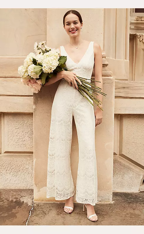 Deep V-Neck Wedding One Piece Jumpsuit Lace Cape Design Sweep Train Br –  TulleLux Bridal Crowns & Accessories