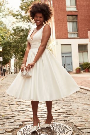 Satin V-Neck Tea Length A-Line Dress | David's Bridal