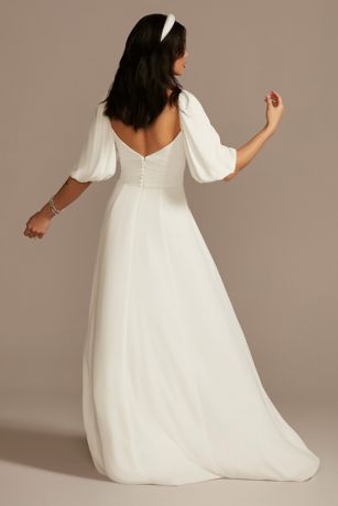 Bubble Sleeve Georgette V-Neck Wedding Dress | David's Bridal