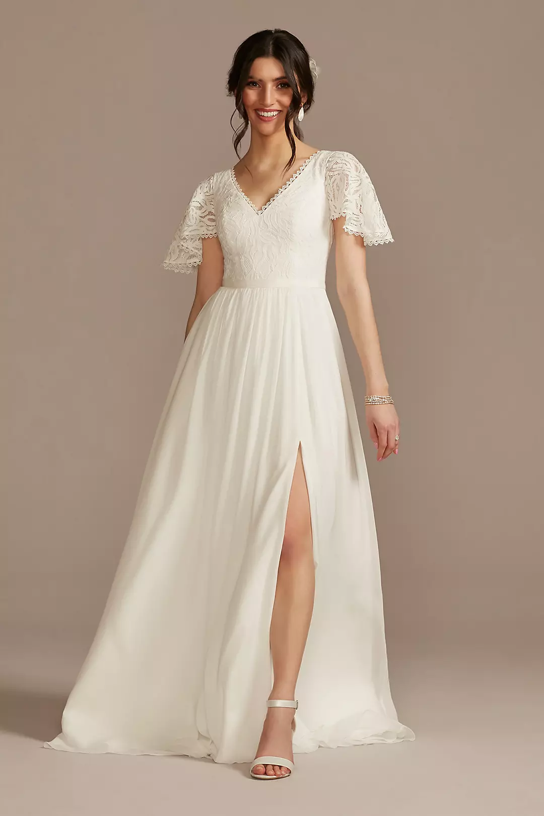 Lace Chiffon Flutter Sleeve A-Line Wedding Dress Image