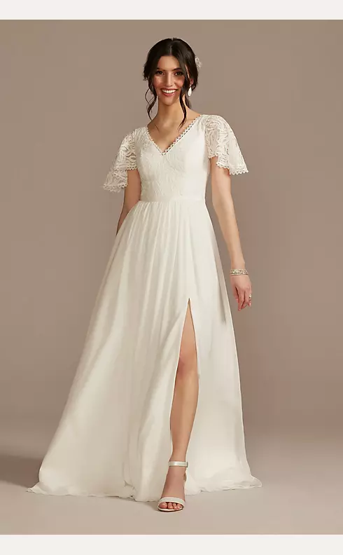 Lace Chiffon Flutter Sleeve A-Line Wedding Dress Image 1