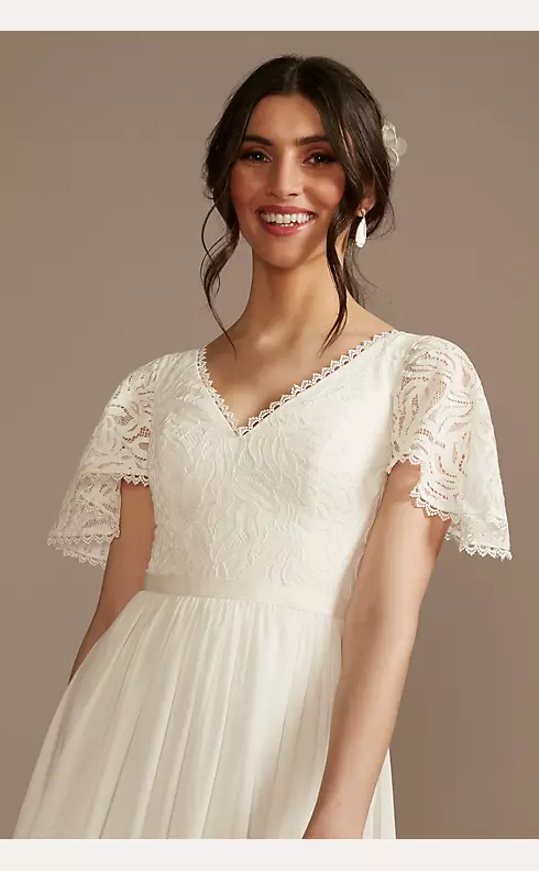 Lace Chiffon Flutter Sleeve A-Line Wedding Dress Image 3