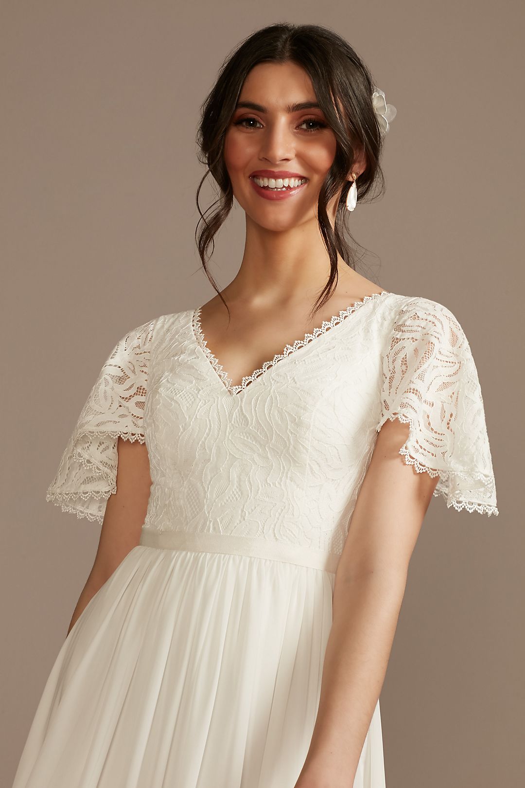 Lace Chiffon Flutter Sleeve A-Line Wedding Dress Image 3