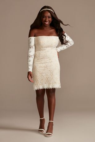 Long Sleeve Off Shoulder Stretch Lace Short Dress | David's Bridal