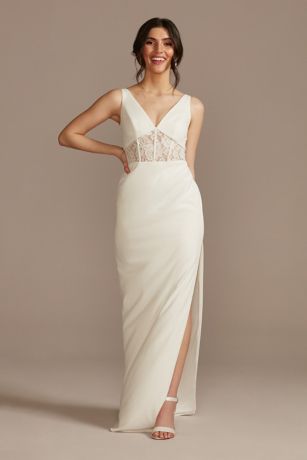 Lace Inset Stretch Crepe Sheath Wedding Dress