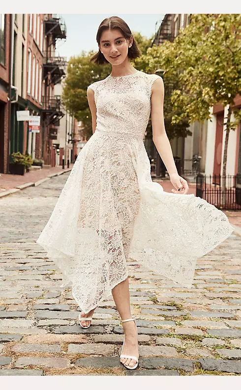 High Neck Lace Dress with Asymmetrical Skirt Image 4