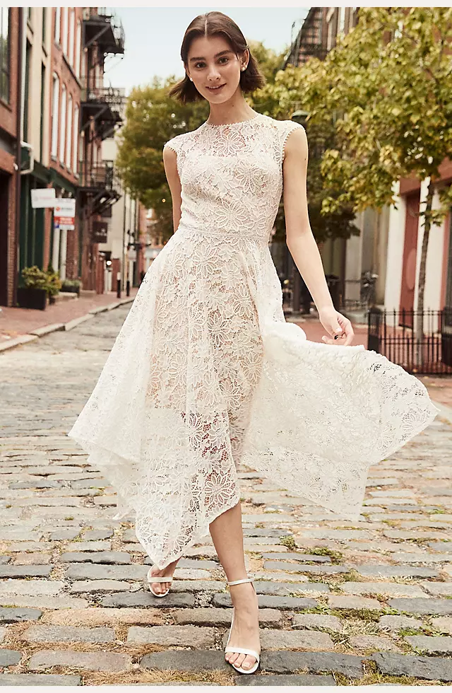 High Neck Lace Dress with Asymmetrical Skirt Image 4