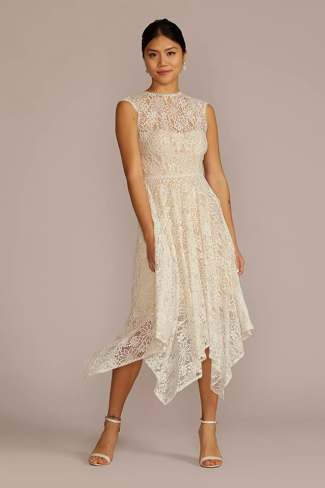 High Neck Lace Dress with Asymmetrical Skirt | David's Bridal High Neck Lace Dress with Asymmetrical Skirt | David's Bridal