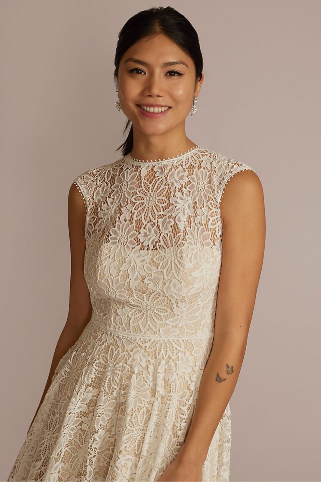 High Neck Lace Dress with Asymmetrical Skirt Image 3