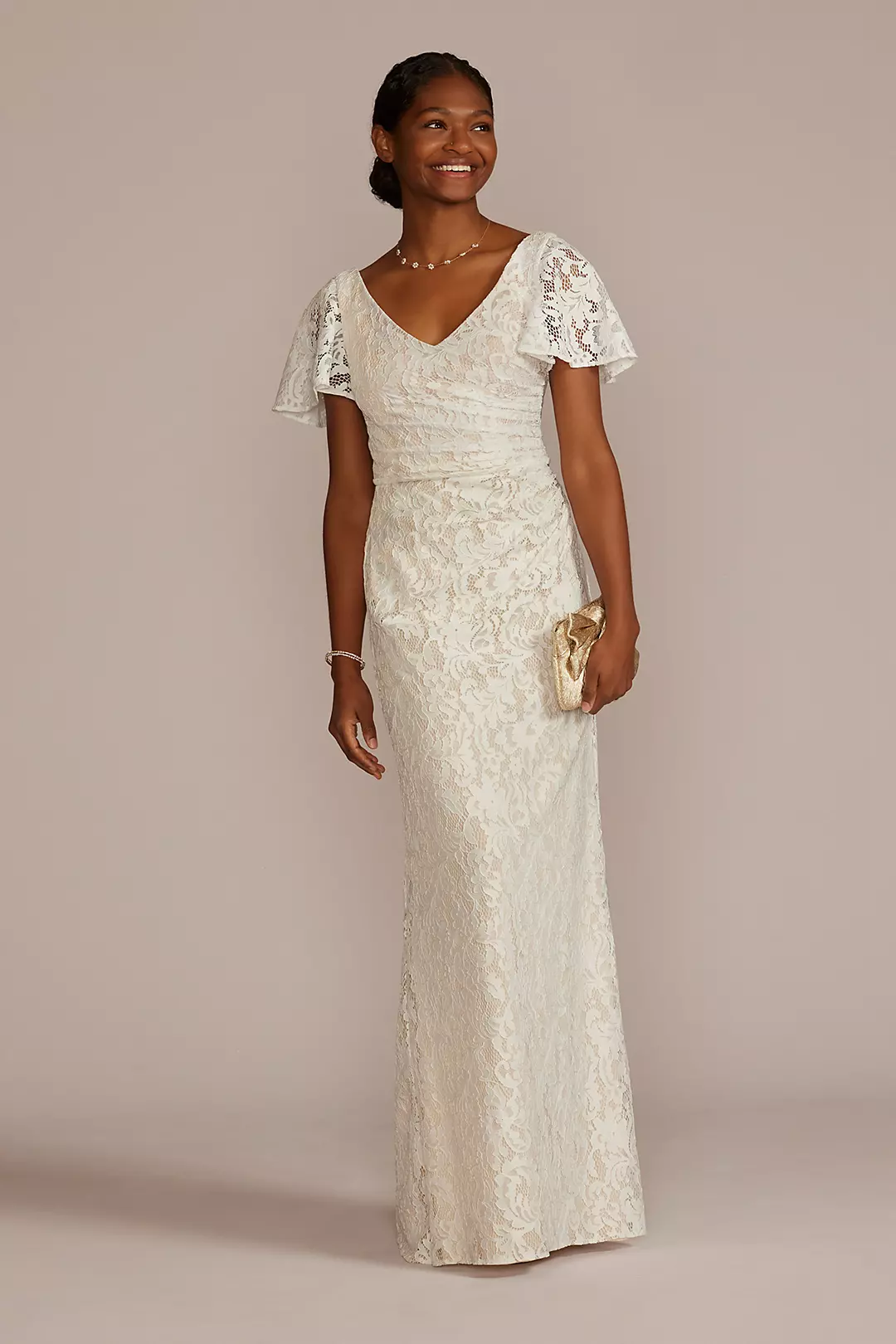 Lace Flutter Sleeve Draped Sheath Wedding Gown Image