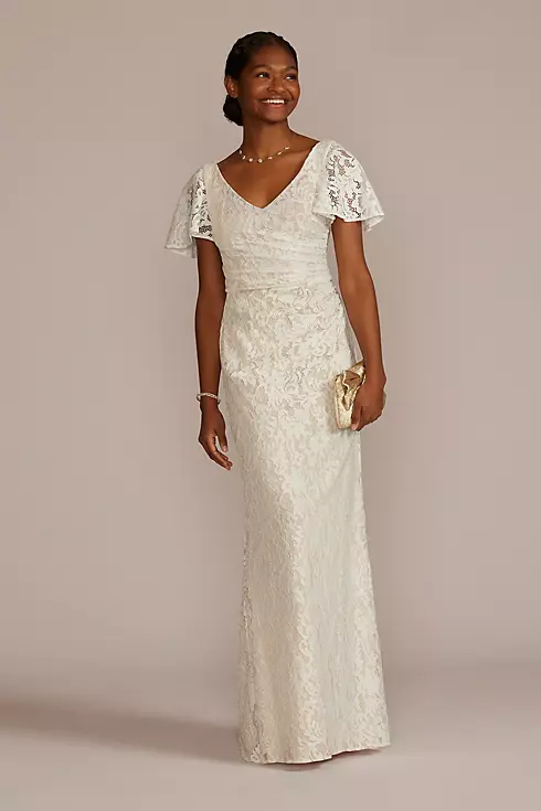 Lace Flutter Sleeve Draped Sheath Wedding Gown Image 1
