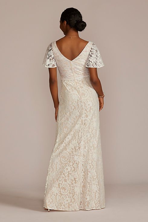 Lace Flutter Sleeve Draped Sheath Wedding Gown Image 2