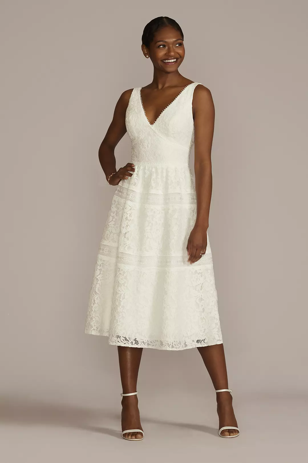Midi-Length Lace V-Neck Dress with Banded Trim Image