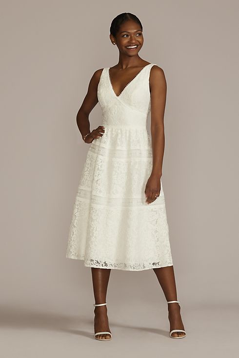 Midi-Length Lace V-Neck Dress with Banded Trim Image 1
