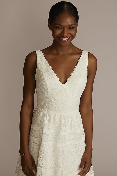 Midi-Length Lace V-Neck Dress with Banded Trim Image 3
