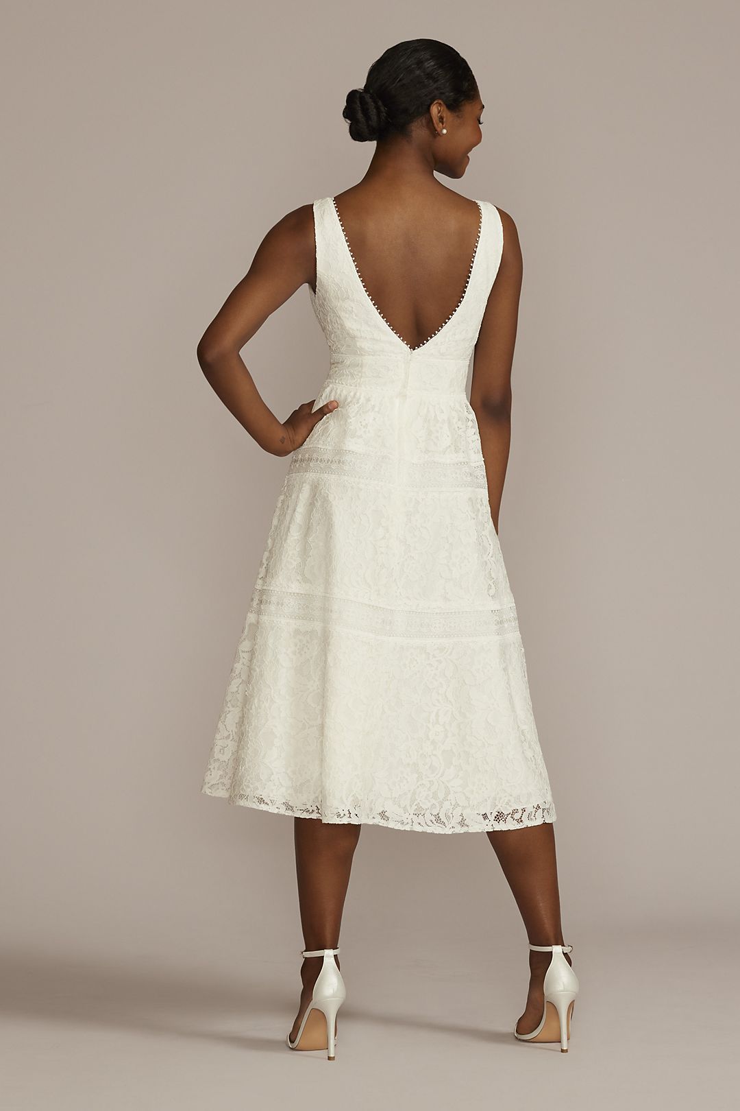 Midi-Length Lace V-Neck Dress with Banded Trim Image 2
