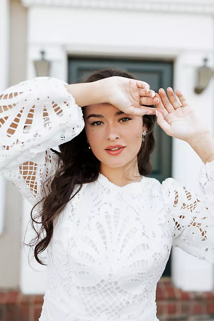 Allover Lace Flounce Hem Long Sleeve Dress | David's Bridal Allover Lace Flounce Hem Long Sleeve Dress | David's Bridal