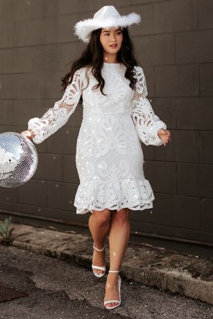 Allover Lace Flounce Hem Long Sleeve Dress | David's Bridal