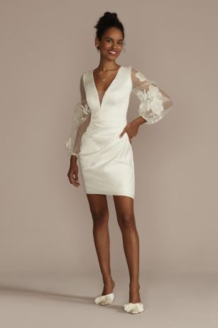 Floral Applique Long Sleeve Satin Plus Mini Dress | David's Bridal